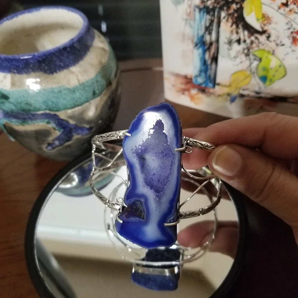 Silver Bracelet With Large Blue Geode Slice - Picture 1 of 2